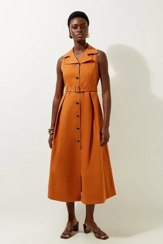 Tailored Cotton Halter Neck Belted Full Skirted Shirt Dress