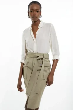 Tailored Cotton Stretch Pocket Belted Midi Tailored Skirt