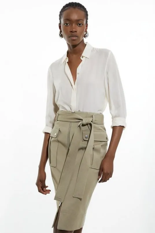 Tailored Cotton Stretch Pocket Belted Midi Tailored Skirt