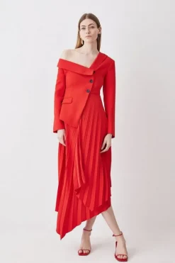 Tailored Crepe Asymmetric Pleated Midi Dress