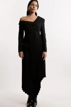 Tailored Crepe Asymmetric Pleated Midi Dress