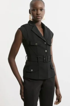 Tailored Crepe Belted Cap Sleeve Collared Co-ord