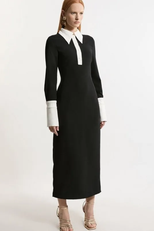 Tailored Crepe Contrast Collar Midaxi Dress