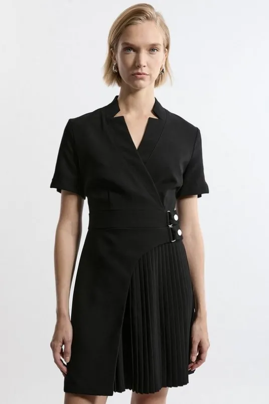 Tailored Crepe Military Pleat Notch Neck Wrap Mini Dress