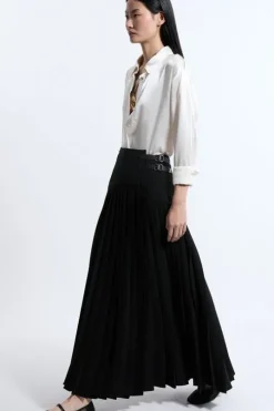 Tailored Crepe Pleated Buckle Detailed Maxi Skirt