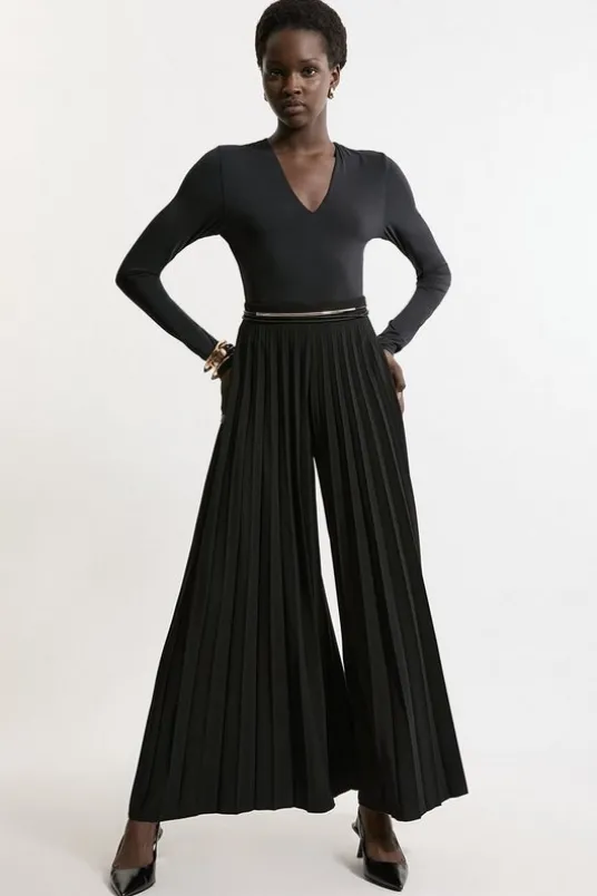 Tailored Crepe Pleated Full Midi Pants