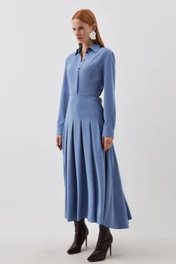 Tailored Crepe Pleated Midi Shirt Dress
