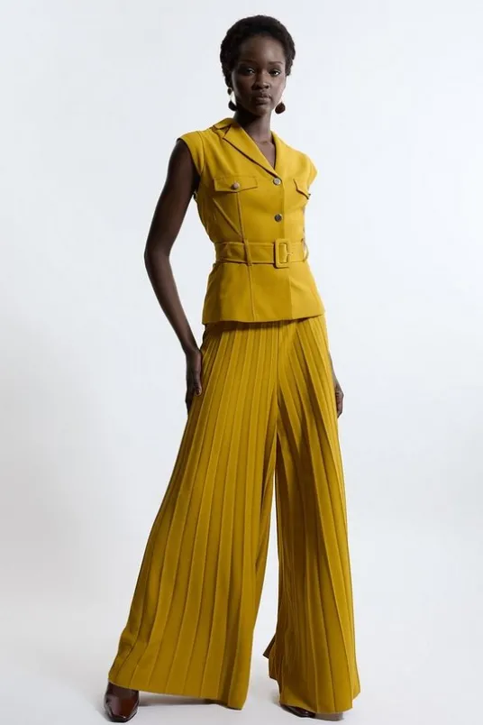 Tailored Crepe Pleated Wide Leg Belted Jumpsuit