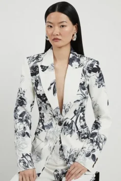 Tailored Crepe Printed Mono Floral Single Breasted Blazer