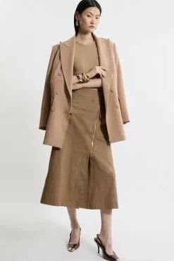 Tailored Denim Asymmetric Wrap Zip Midi Skirt