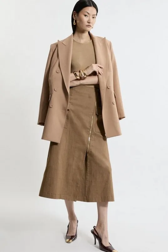 Tailored Denim Asymmetric Wrap Zip Midi Skirt