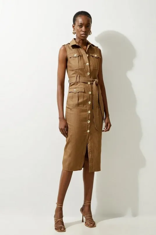 Tailored Denim Cargo Pocket Belted Midi Shirt Dress
