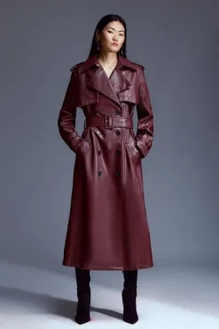 Tailored Faux Leather Belted Trench Coat