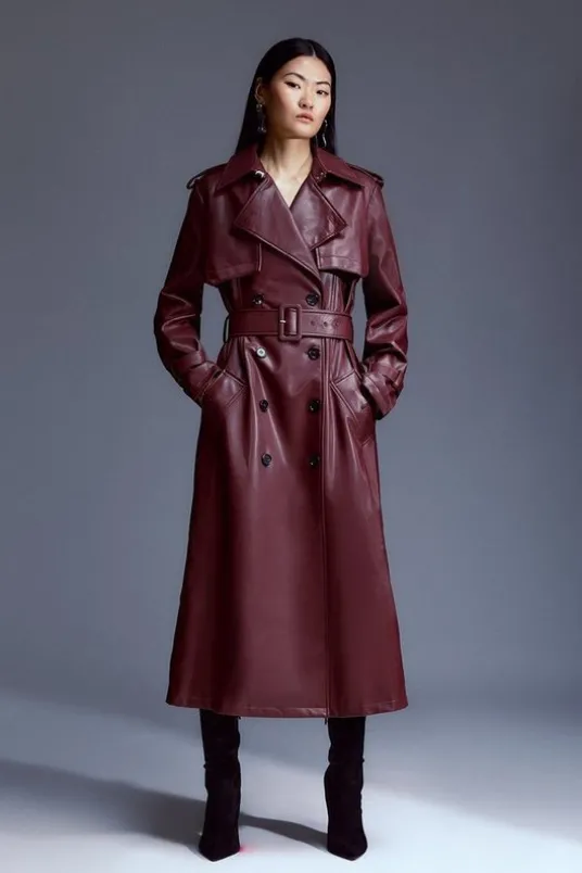 Tailored Faux Leather Belted Trench Coat