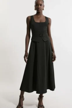 Tailored Full Skirted Panel Belted Midi Dress