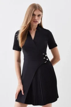Tailored Military Pleat Notch Neck Wrap Mini Dress