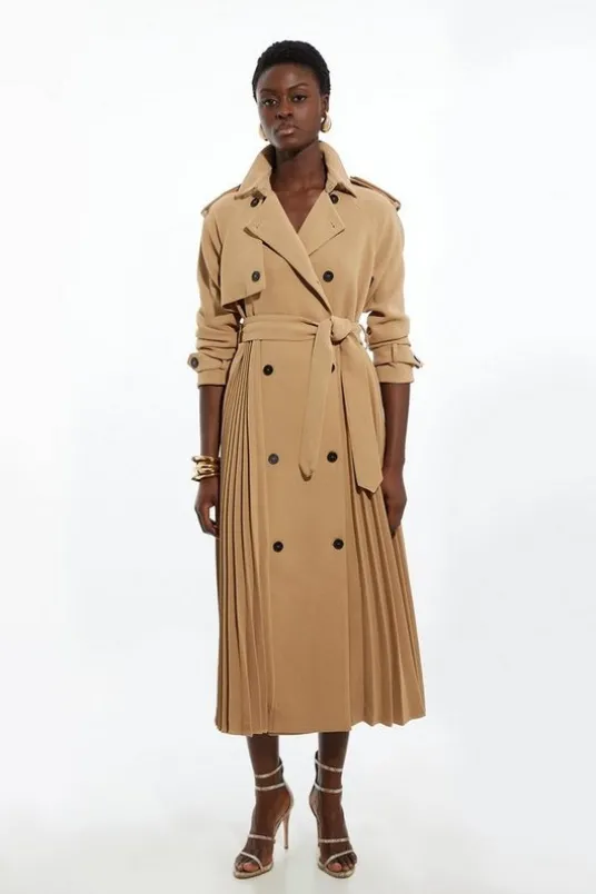 Tailored Pleat Detail Belted Trench Coat