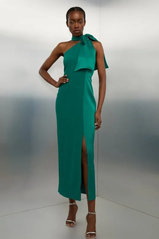 Tailored Satin Back Crepe Tie Neck Contrast Panel Maxi Dress