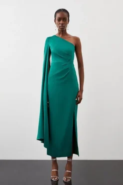 Tailored Satin Back Crepe Drape One Shoulder Maxi Dress