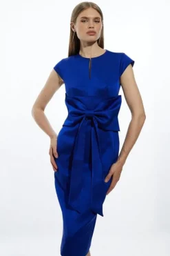 Tailored Satin Bow Detail Cap Sleeve Midi Dress