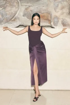 Tailored Satin Waist Drape Corset Maxi Dress