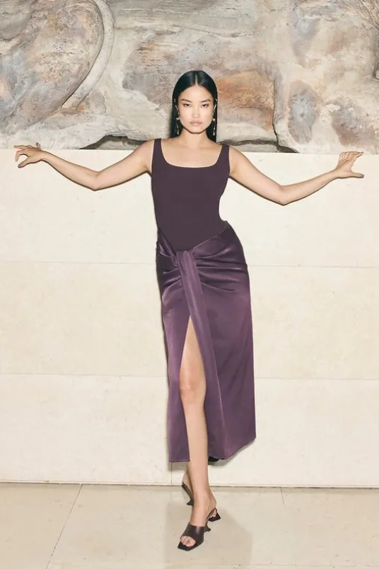 Tailored Satin Waist Drape Corset Maxi Dress