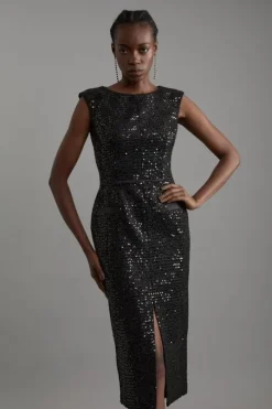 Tailored Sequin Tweed Drop Waist Midi Dress