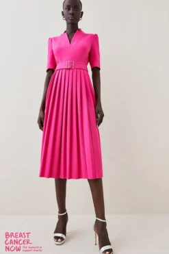 Tailored Structured Crepe Forever Pleat Belted Midi Dress