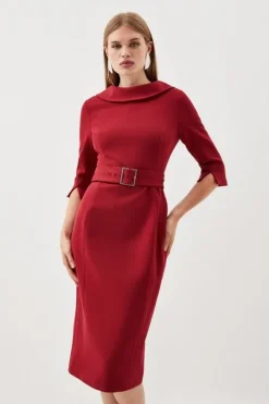 Tailored Structured Crepe Turtleneck Belted Midi Dress