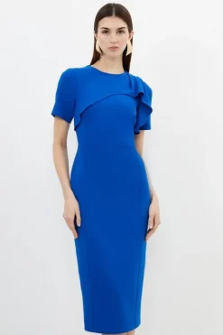 Tailored Structured Crepe Ruffle Detail Pencil Midi Dress