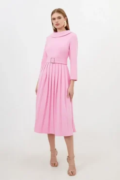 Tailored Structured Crepe Turtleneck Pleated Midi Dress