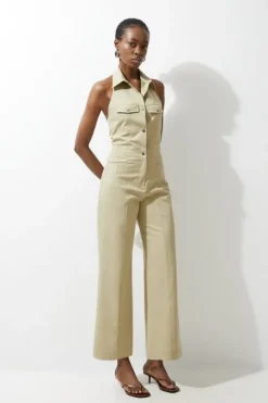Tailored Techno Denim Halterneck Wide Leg Jumpsuit