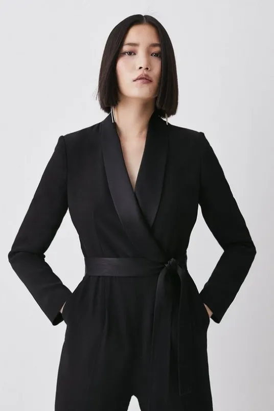 Tailored Tuxedo Belted Wrap Jumpsuit