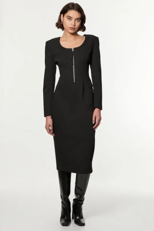 Tailored Viscose Zip Through Multi Stitch Midi Dress