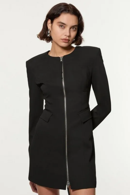 Tailored Viscose Zip Through Multi Stitch Mini Dress