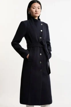 Tailored Wool Blend Asymmetric Button Neck Belted Midi Coat