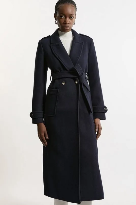 Tailored Wool Blend Belted Maxi Wrap Coat