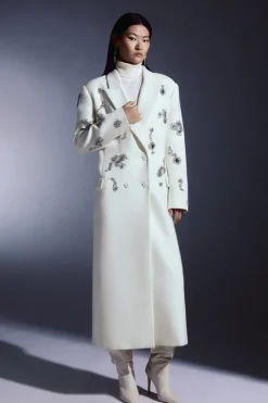 Tailored Wool Blend Embellished Maxi Coat
