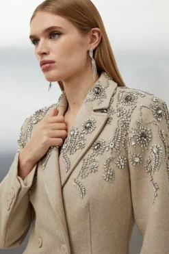 Tailored Wool Blend Embellished Double Breasted Midi Coat