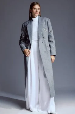 Tailored Wool Blend Embellished Maxi Coat