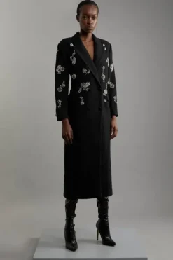 Tailored Wool Blend Embellished Maxi Coat
