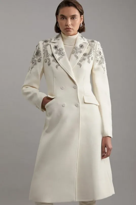 Tailored Wool Blend Embellished Double Breasted Midi Coat