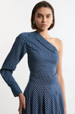 Tall Asymmetric Twill Striped Woven Long Sleeved Shirt