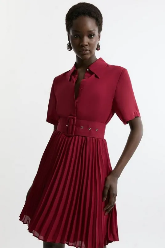 Tall Belted Georgette Pleat Woven Mini Dress