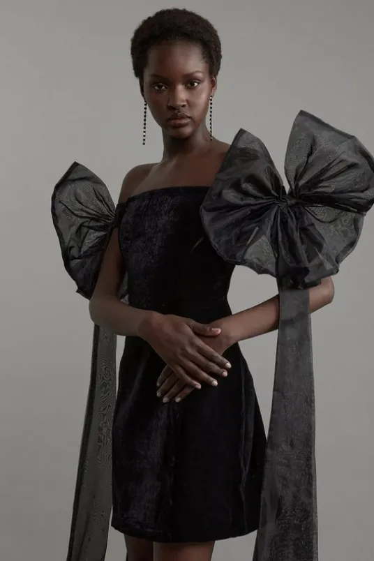 Tall Black Corset Off The Shoulder With Ruffled Sleeves Mini Dress