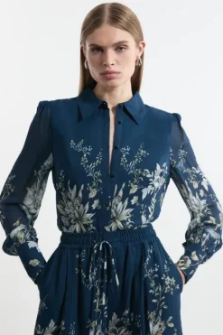 Tall Border Print Viscose Piped Woven Shirt Balloon Sleeve Shirt