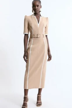 Tall Compact Stretch Contrast Tipped Forever Belted Tailored Midi Dress