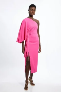 Tall Compact Stretch Viscose Drape Sleeve One Shoulder Tailored Maxi Dress