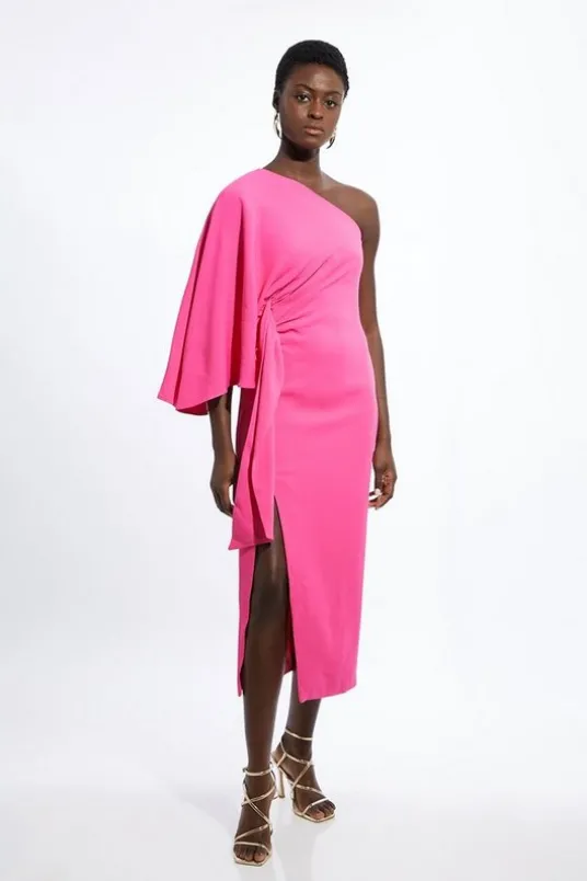 Tall Compact Stretch Viscose Drape Sleeve One Shoulder Tailored Maxi Dress