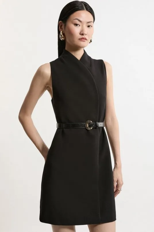 Tall Compact Stretch Wrap Neck Full Skirt Tailored Mini Dress